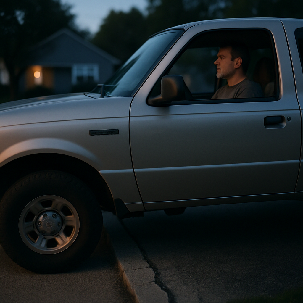 Dark blue pickup truck parked close to driveway edge at dusk with man inside.