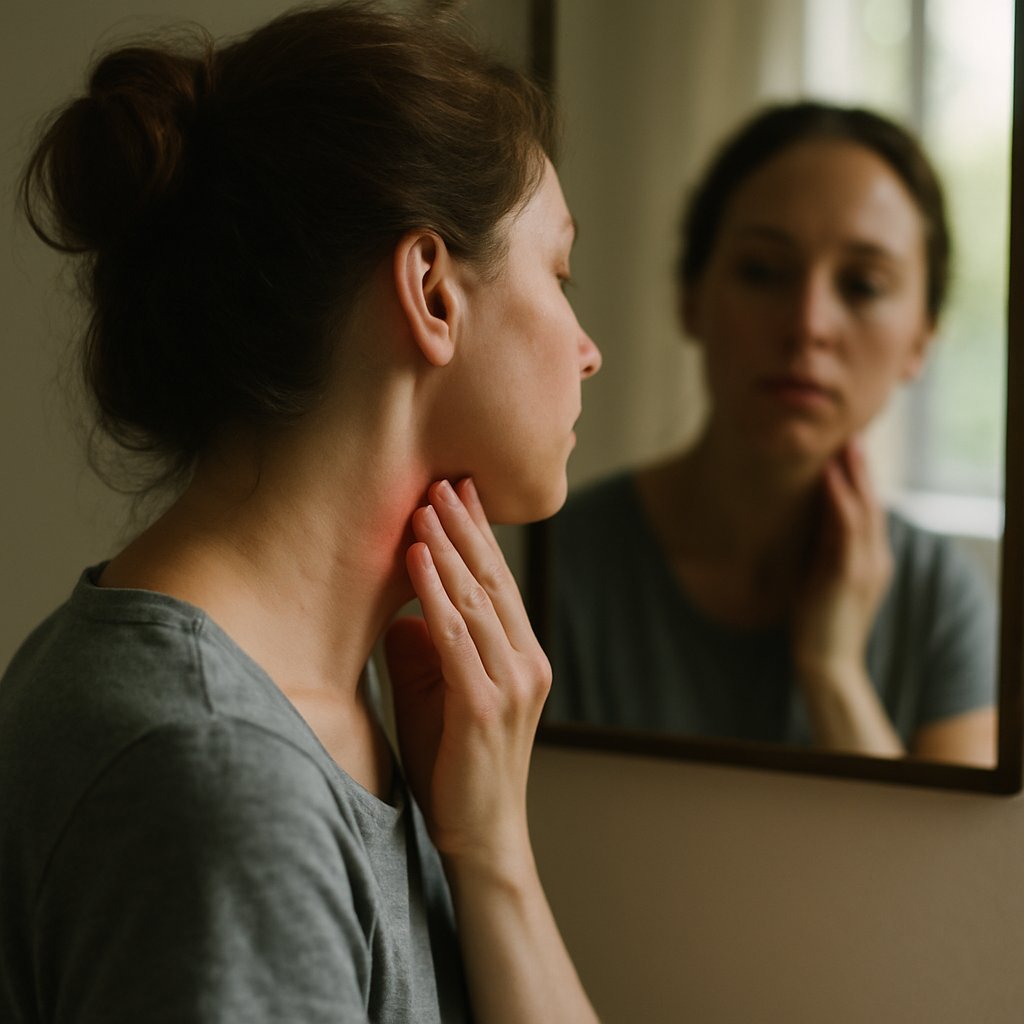 Person inspecting faint flushing rash on neck by daylight
