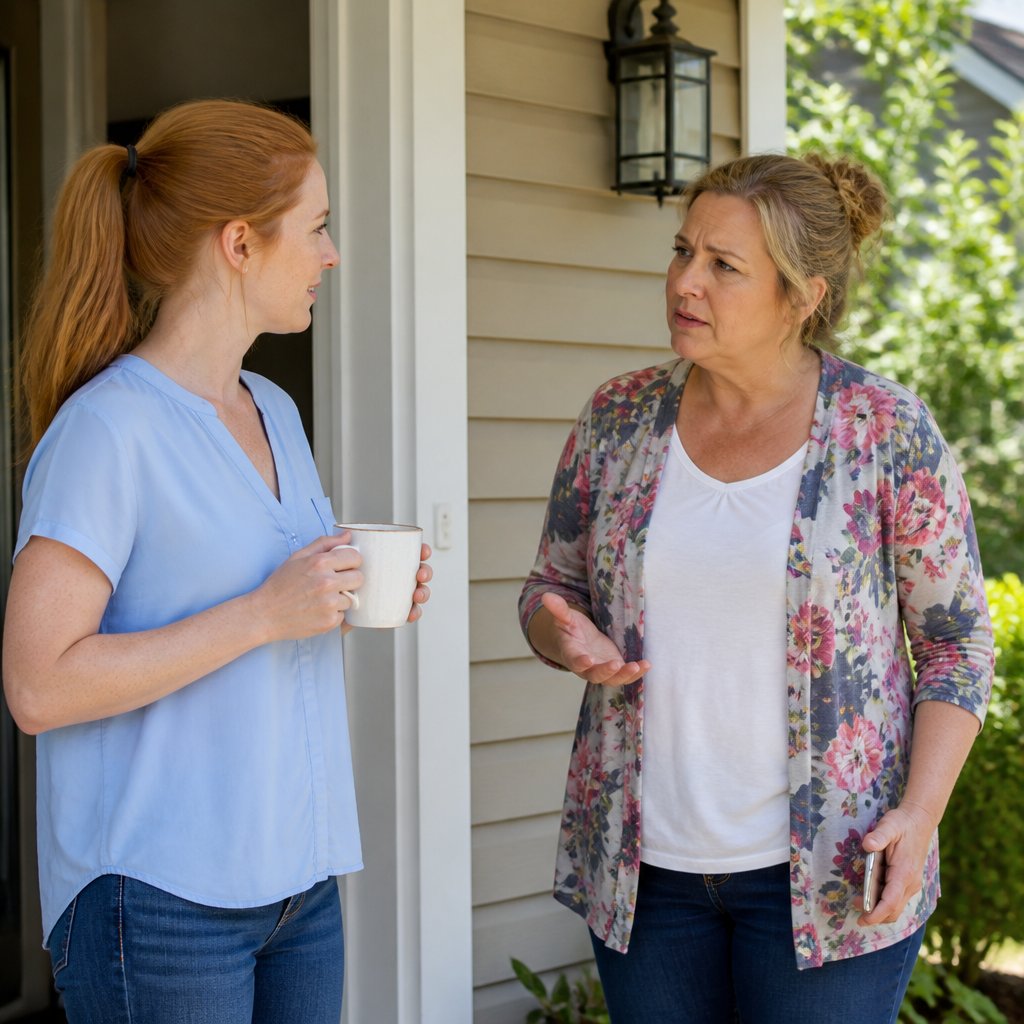 Woman talking seriously with neighbor about a confusing text message