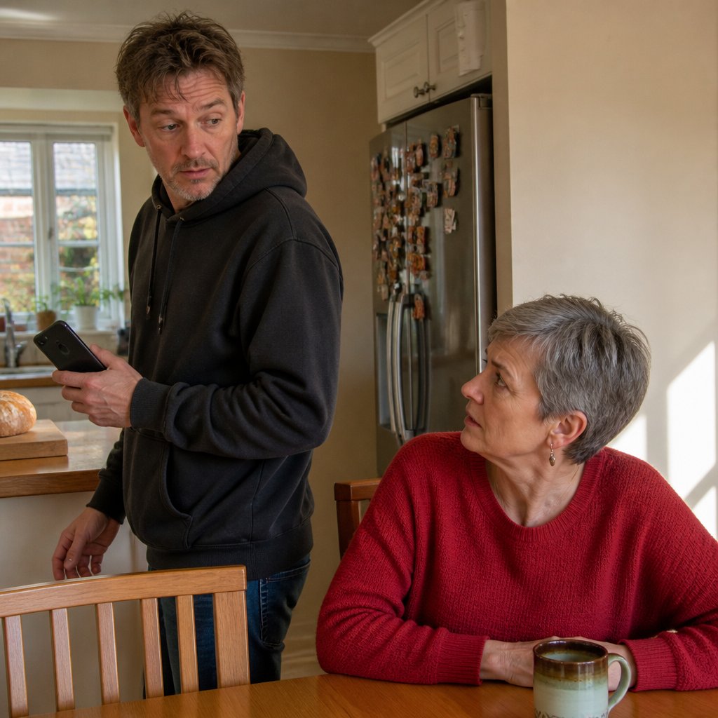 Man hiding phone screen from woman sitting at kitchen table, both in casual clothes.