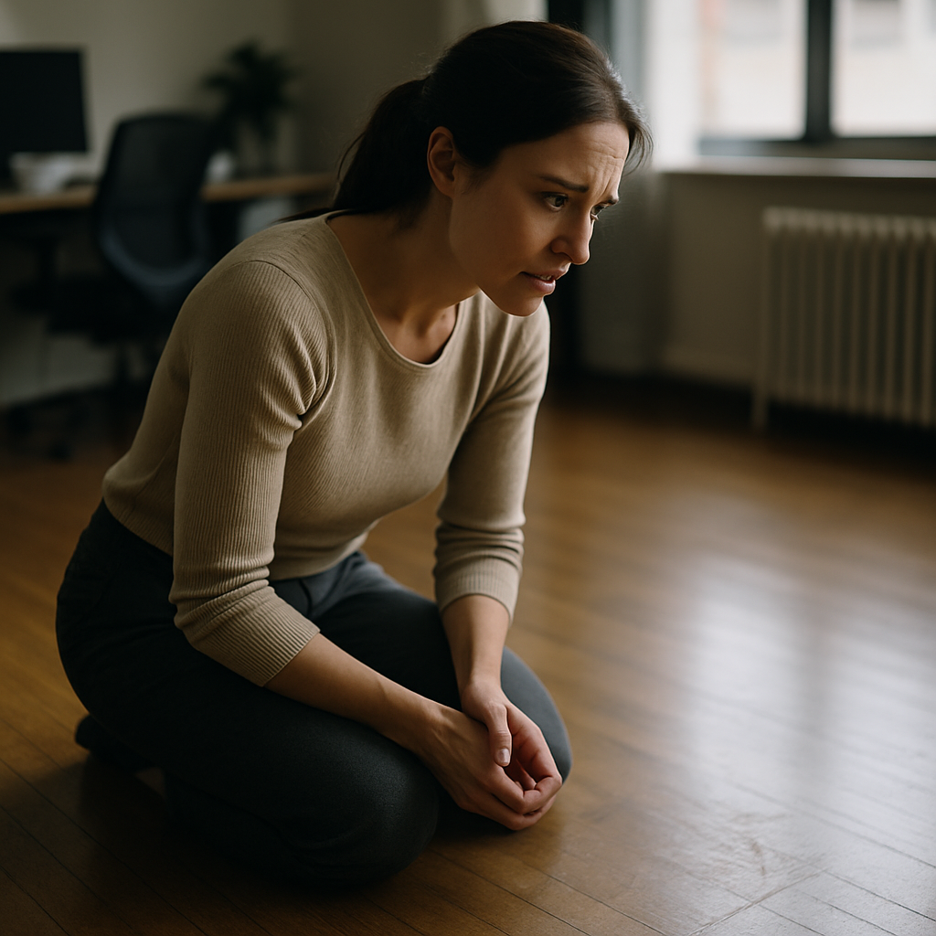 Woman inspecting empty space with fresh floor marks where a file cabinet used to be, looking concerned.