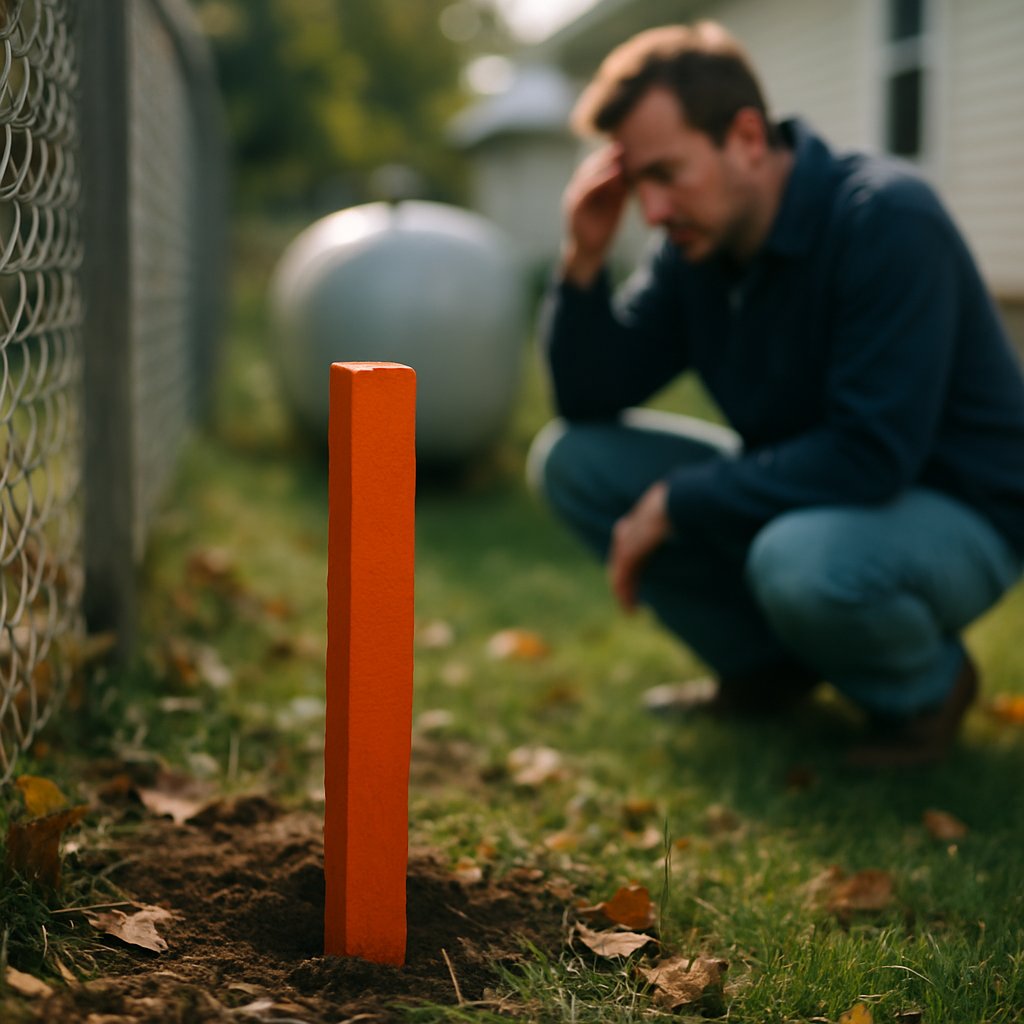 Freshly painted orange boundary stake in a suburban yard close to a fence with person inspecting.