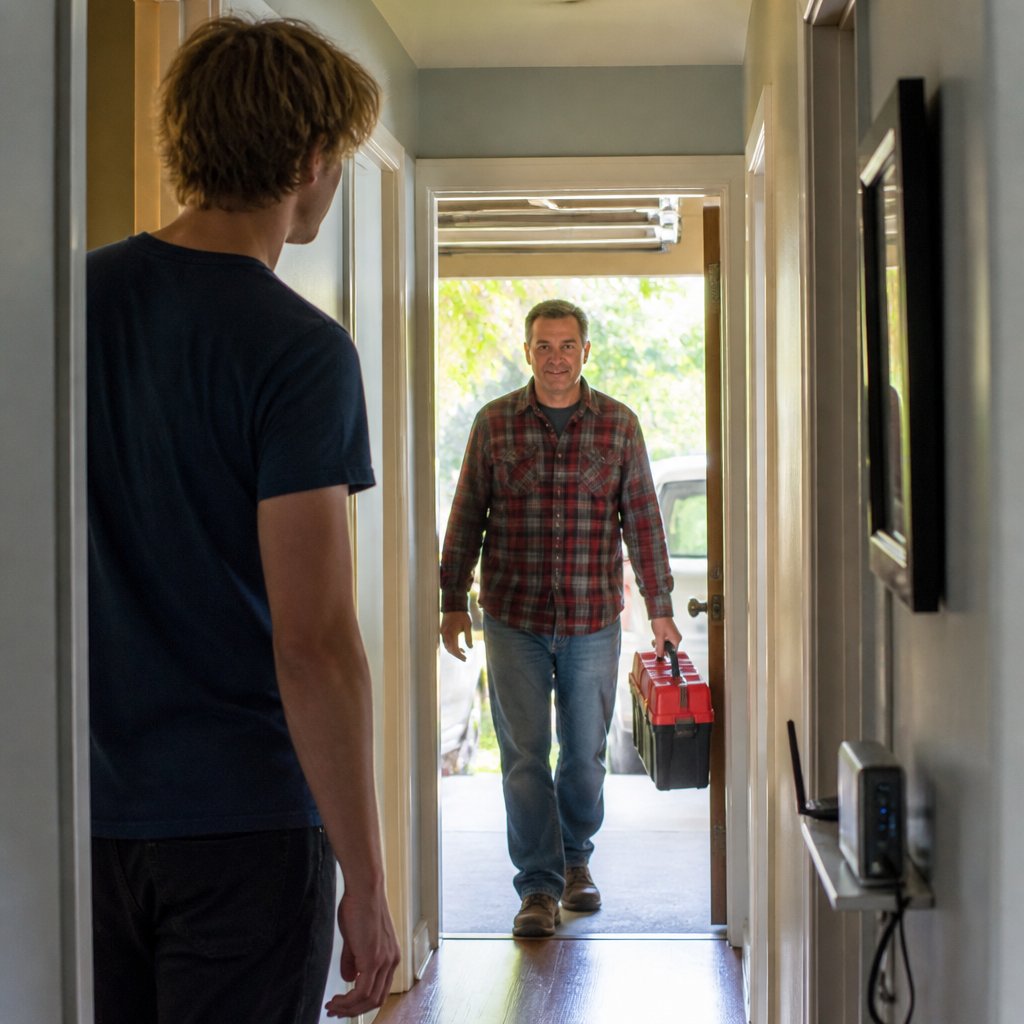 Man watching router lights come back on as older man enters from garage