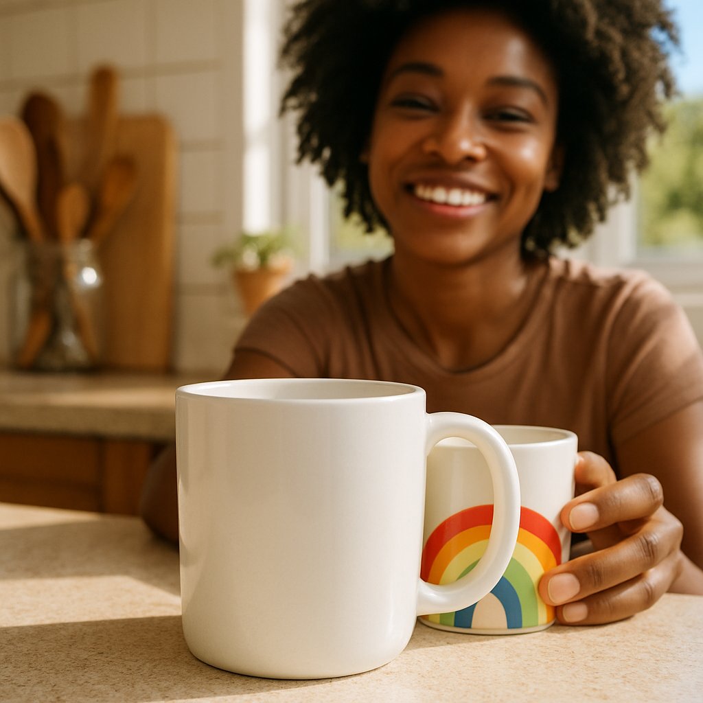 Two mugs on counter with one pushed forward, a woman’s hand adjusting them