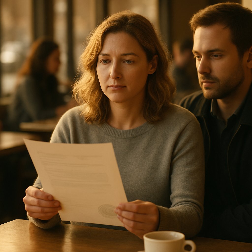 A woman in a gray sweater quietly reveals a notarized document to a man in a café.