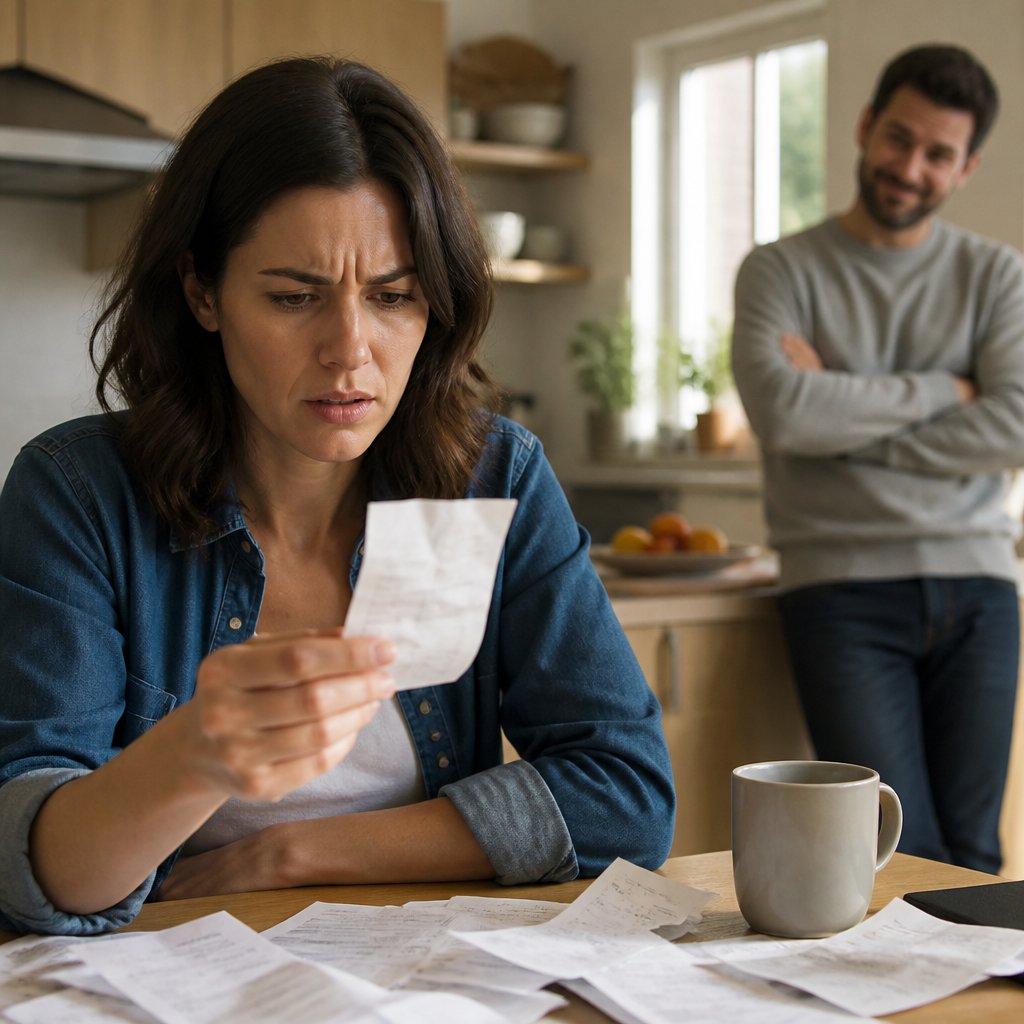 Worried woman holding receipt while man stands behind in kitchen.