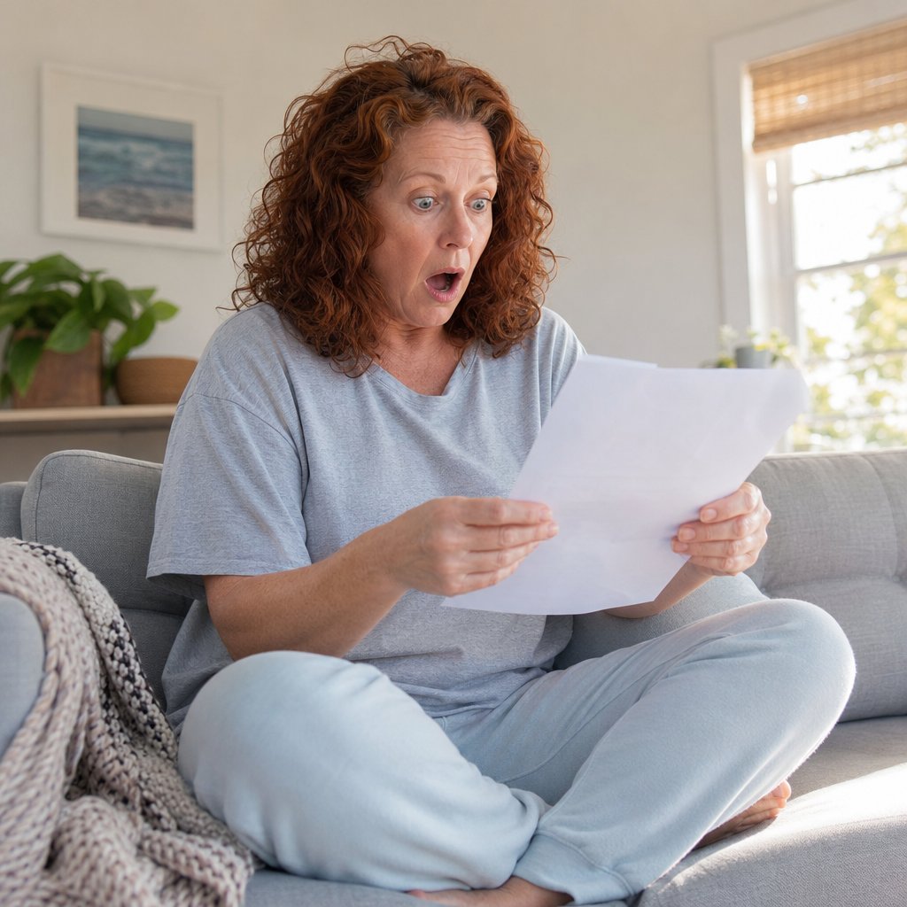 A shocked woman holding printed documents while sitting on a couch at home.