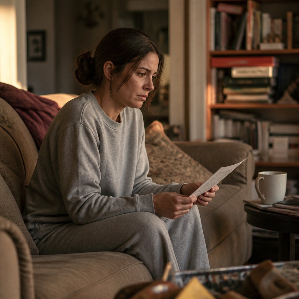 Woman in gray sweatshirt sitting on couch holds printed Facebook post, face showing hurt.