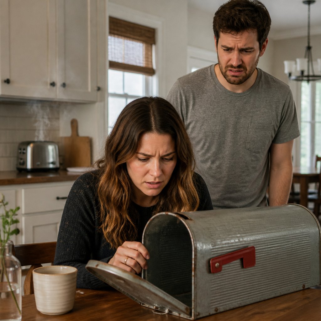Woman checking mail at kitchen table, man standing behind her looking uneasy