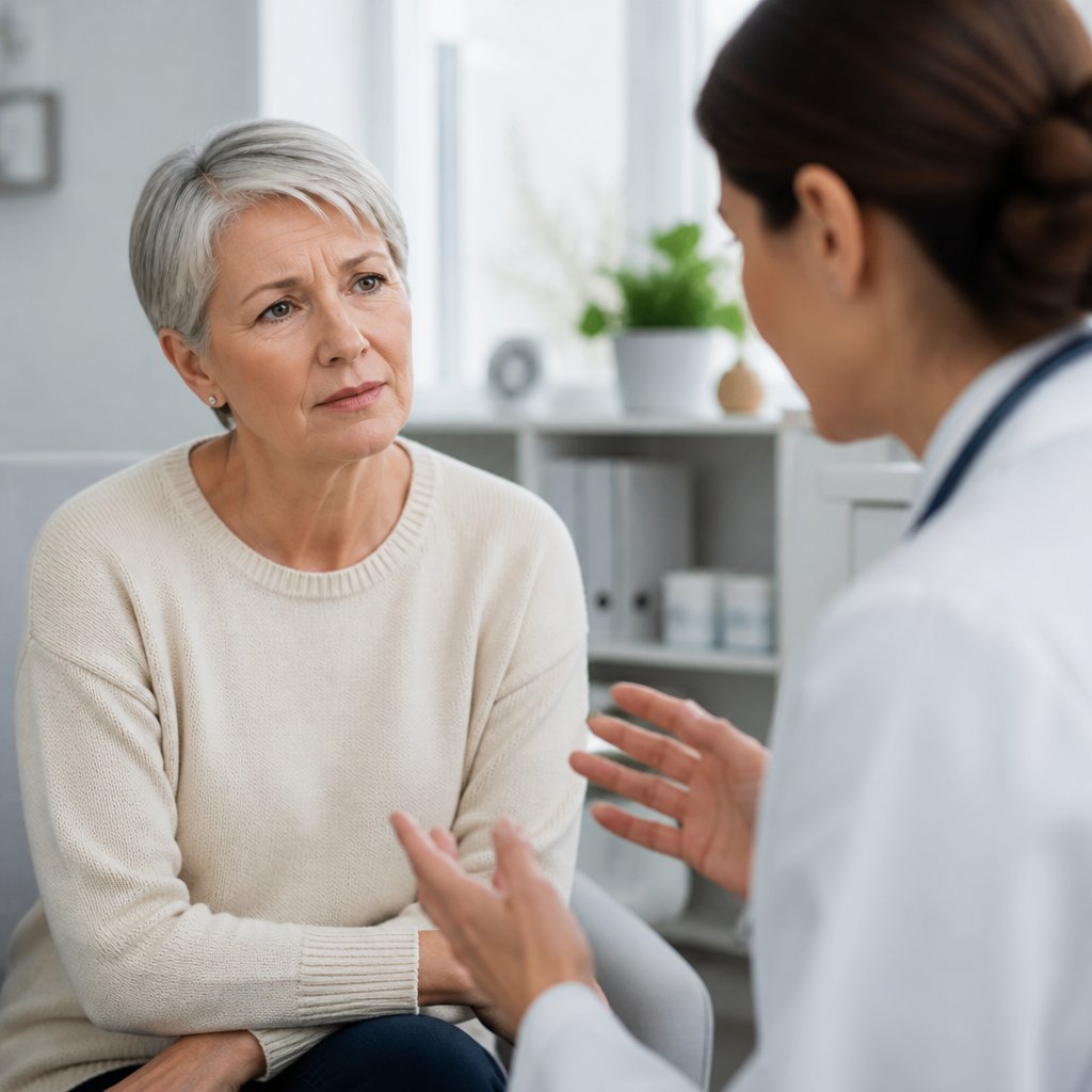 Woman receiving neurologist's explanation about MRI lesions, looking hesitant.