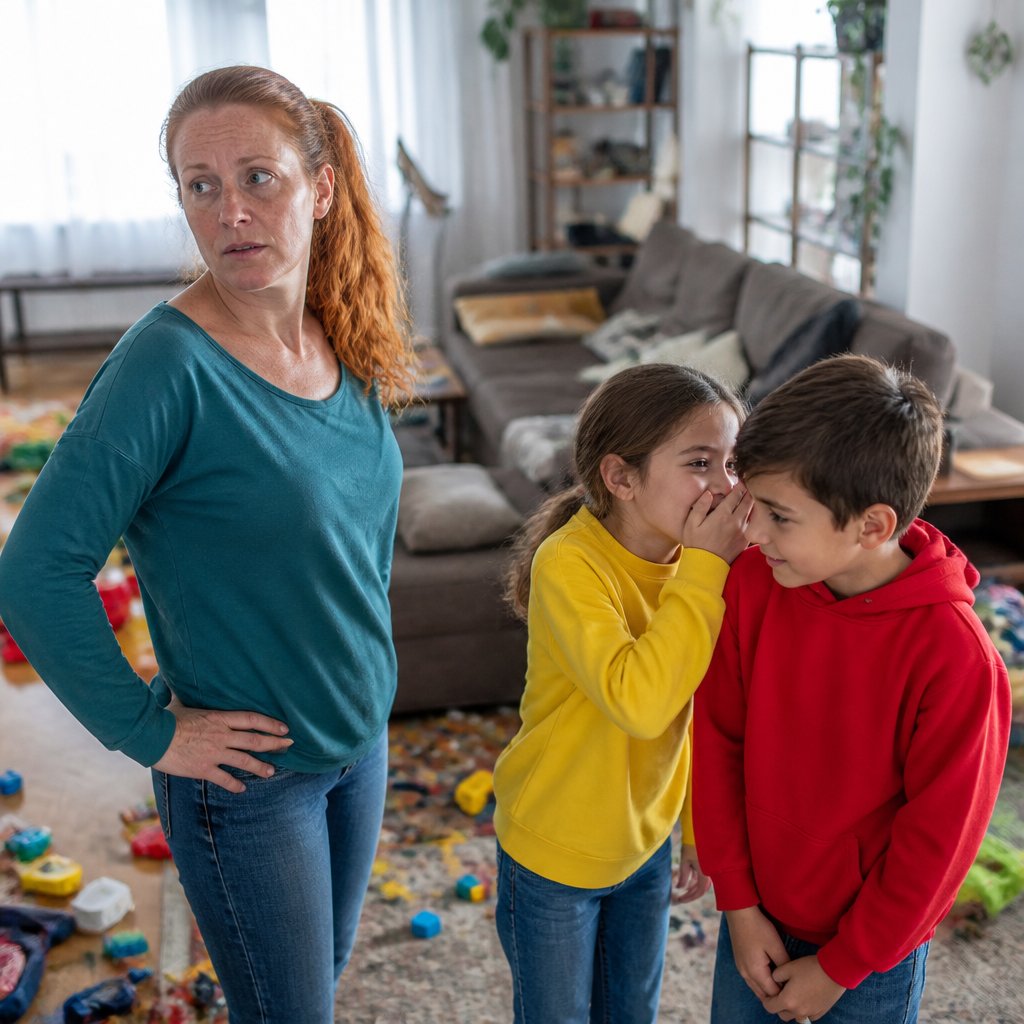 Young girl smirks whispering secret words to a boy while mother watches nearby.