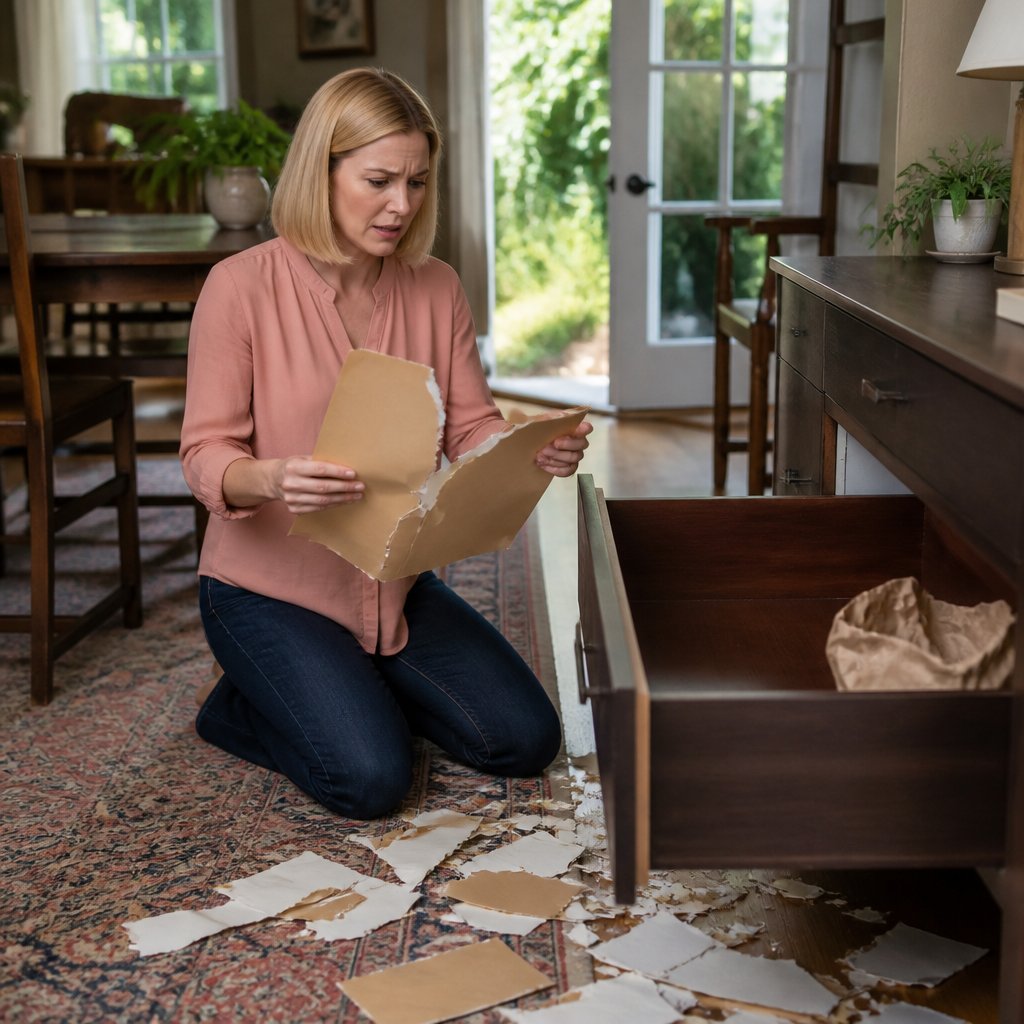 Woman kneeling by an emptied desk drawer with papers scattered around.