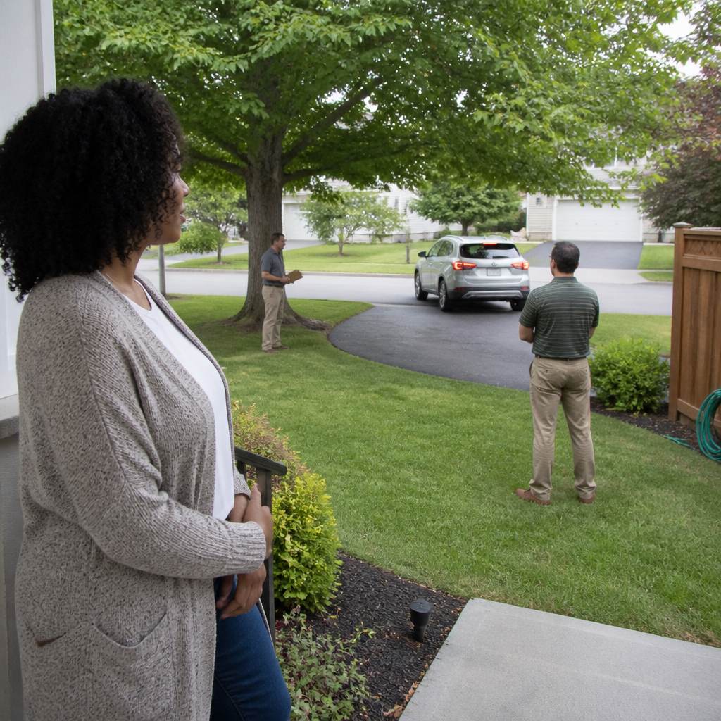 Homeowner watching HOA representative arrive for inspection near maple tree in suburban backyard.