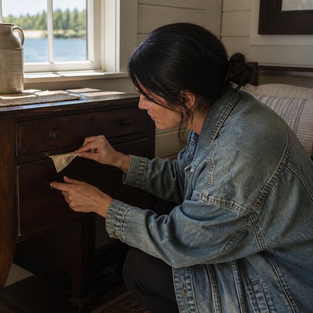 Person finding a small handwritten note taped under a drawer in a lake house desk.