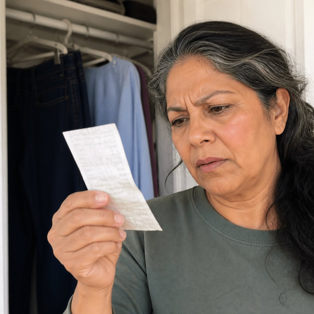 Woman holding boutique soap receipt in closet, tense moment.