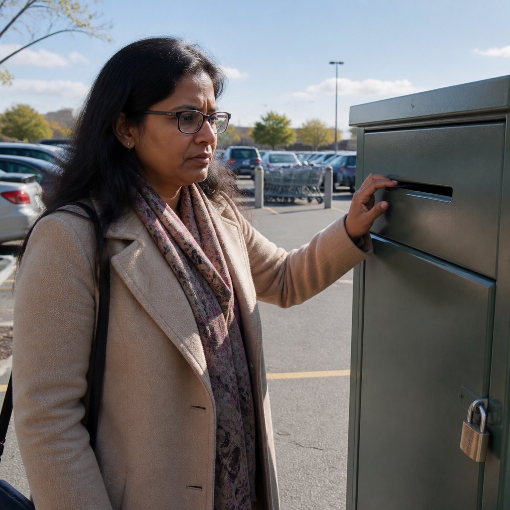Woman examining locked donation bin slot outside grocery store.