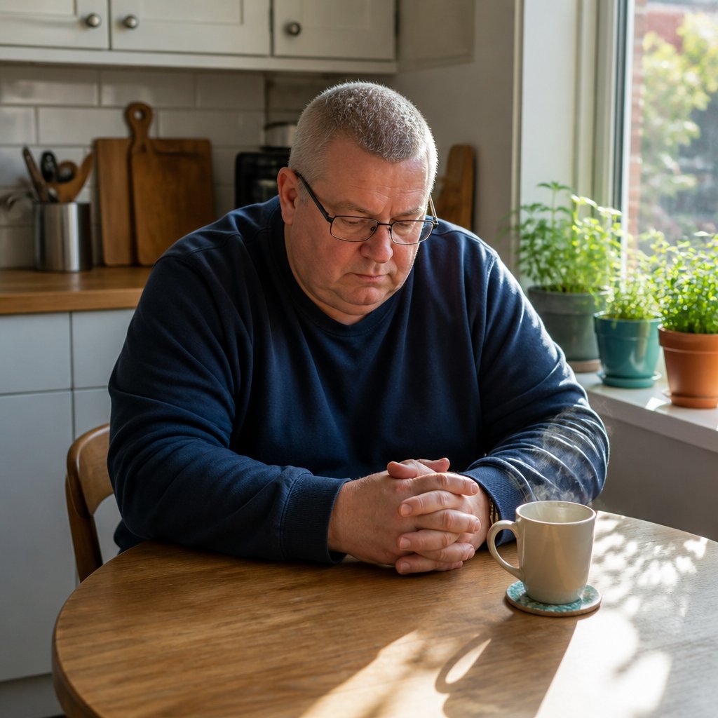 Man in dark blue sweater sitting at kitchen nook, hands folded, phone face-down, looking thoughtful.