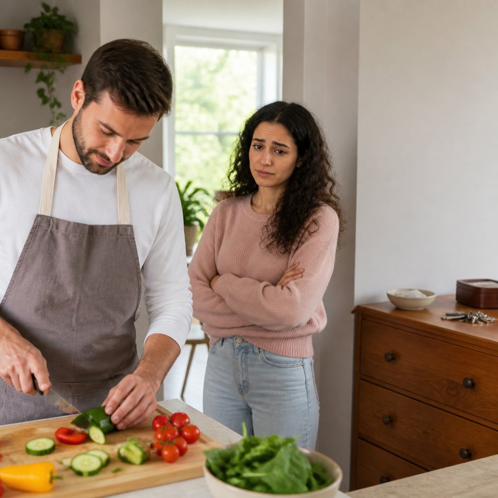 Woman looks worried as man chops vegetables, empty jewelry dish visible behind.