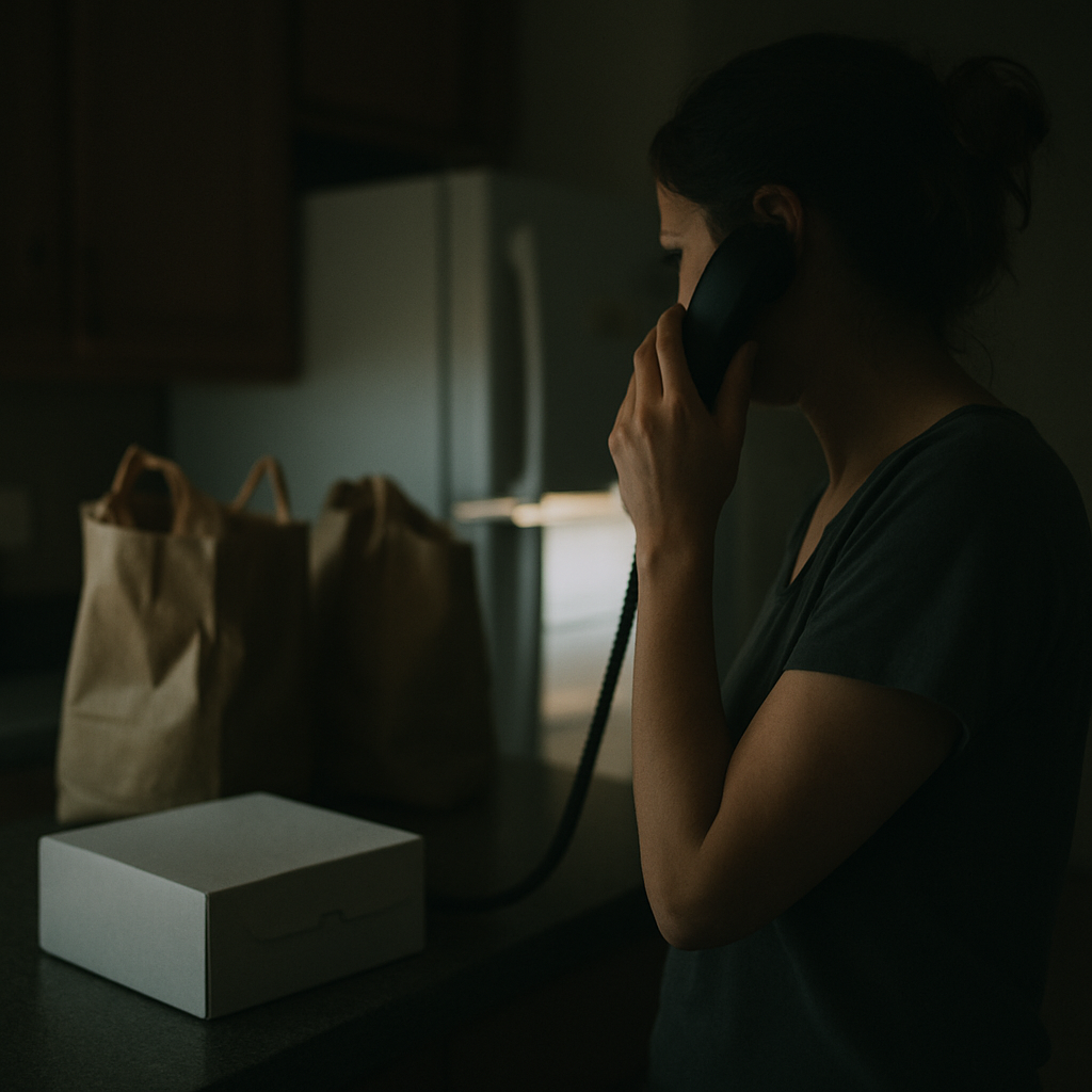 Person on phone in kitchen with groceries and fridge, natural light
