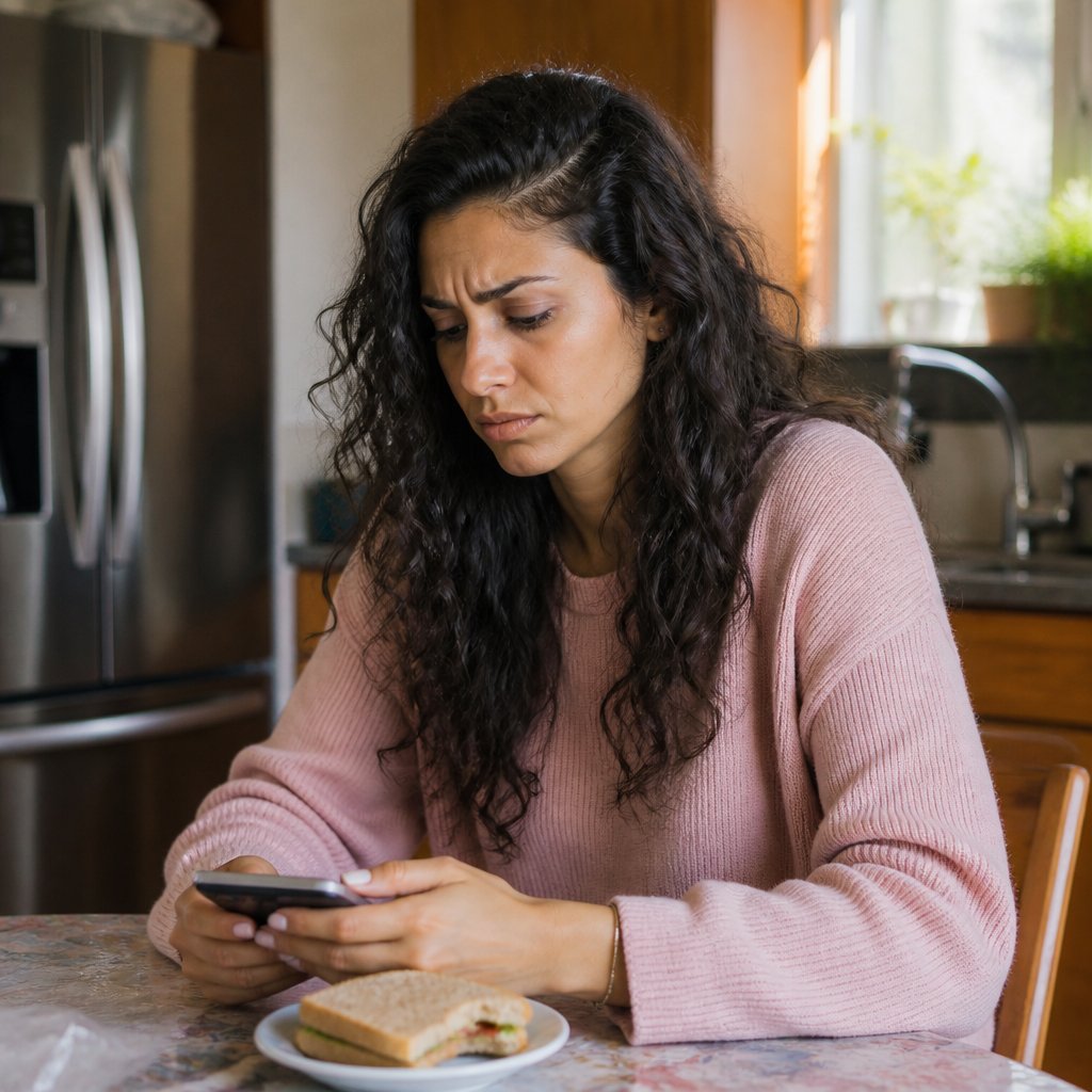 Woman at kitchen table looking frustrated holding phone face down