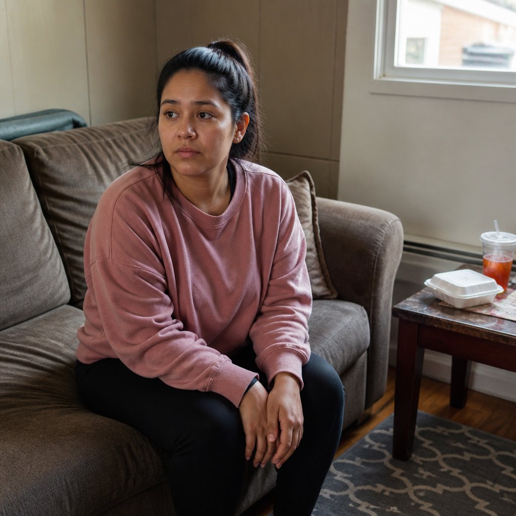 Woman sitting on couch looking worried, phone face down beside her