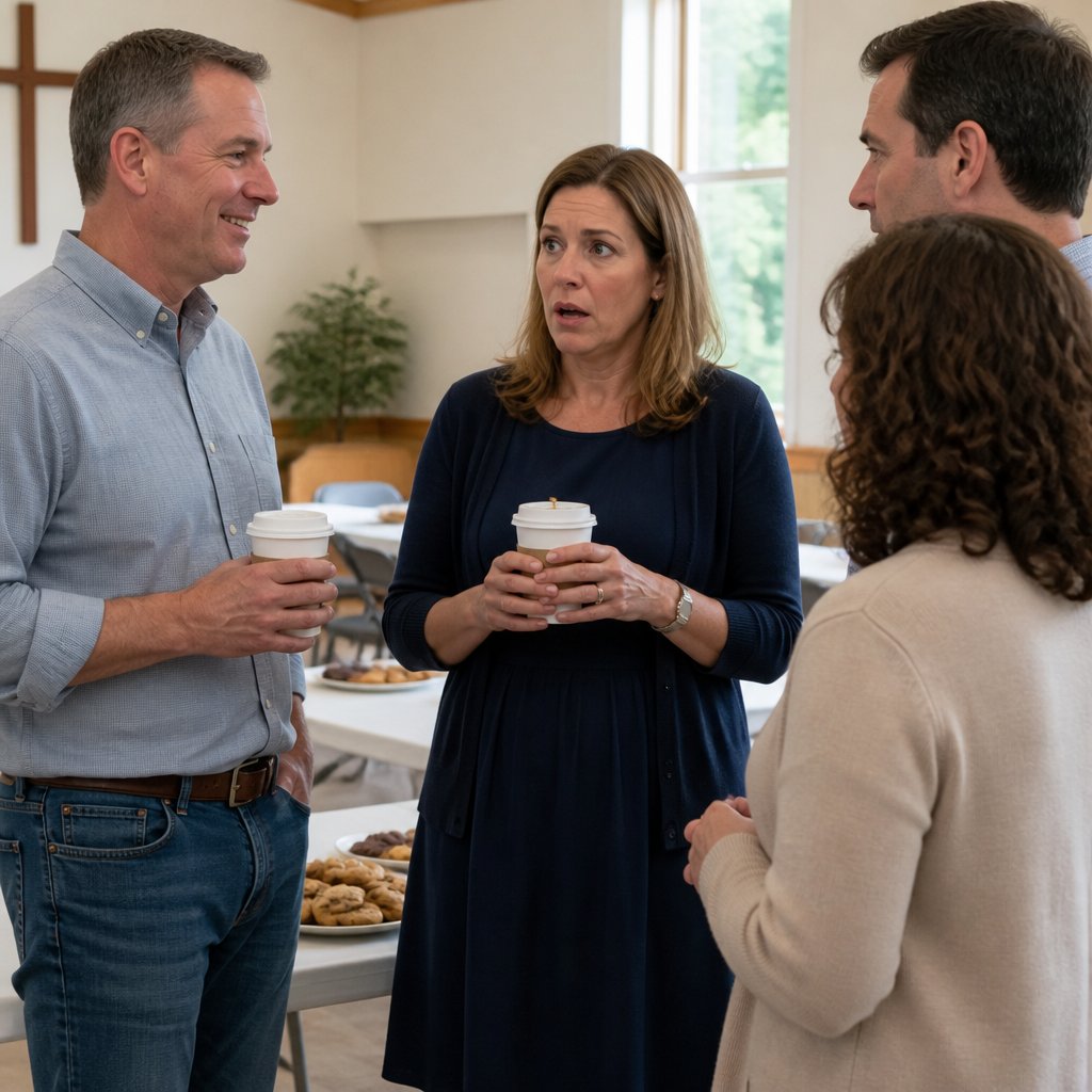 In a church hall, Cal smiles mid-joke with coffee while Ivy looks stunned and friends look awkwardly uncertain.