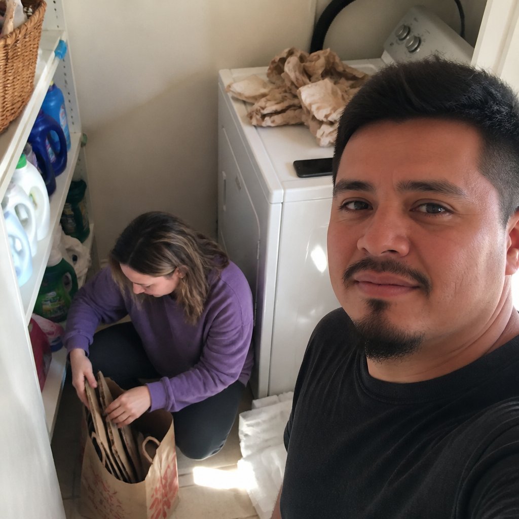 Mara crouches in the laundry room hiding foam inserts and cardboard while a phone sits face-down on the dryer.
