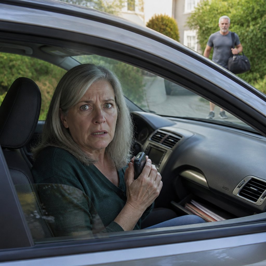 Nina grips a hidden phone in the car as Matt approaches the driveway.