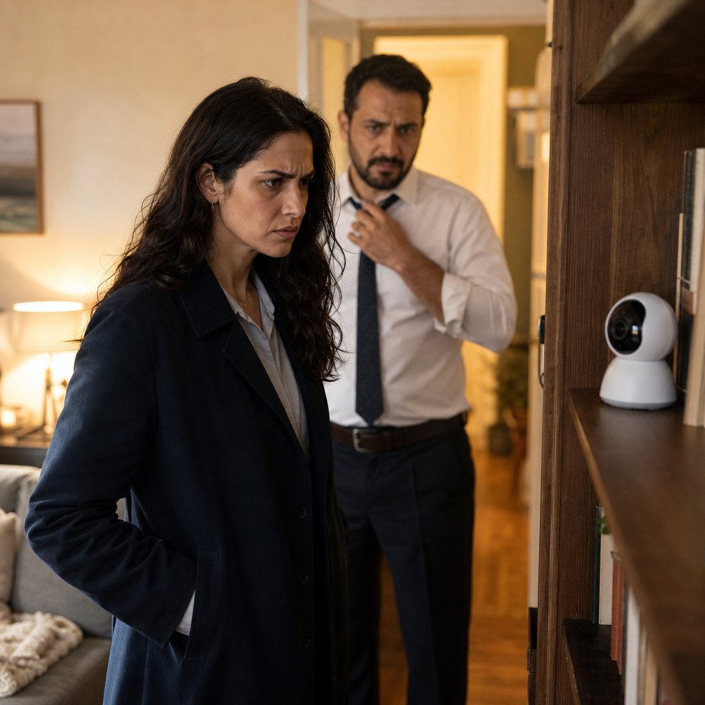 A woman in her coat glares at a small indoor camera on a bookshelf as her bearded husband eyes it tensely behind her.