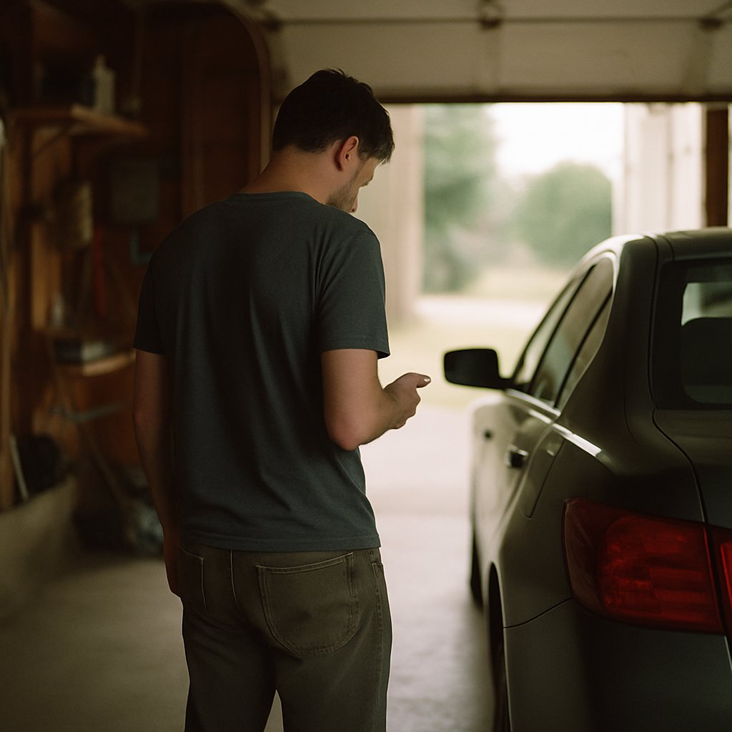 Man standing in garage by car holding phone, back turned