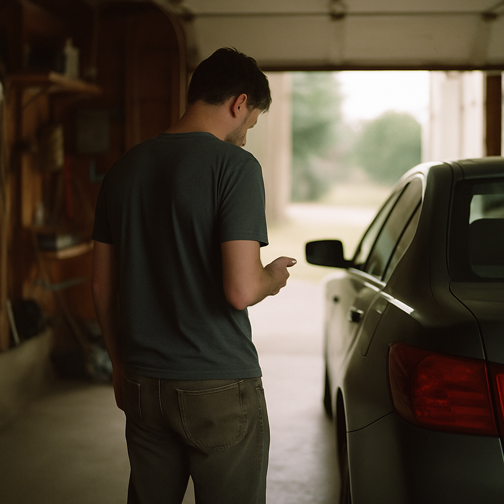 Man standing in garage by car holding phone, back turned