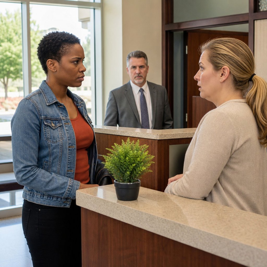 Mara questions a nervous teller at a credit union as a manager approaches from behind the counter.