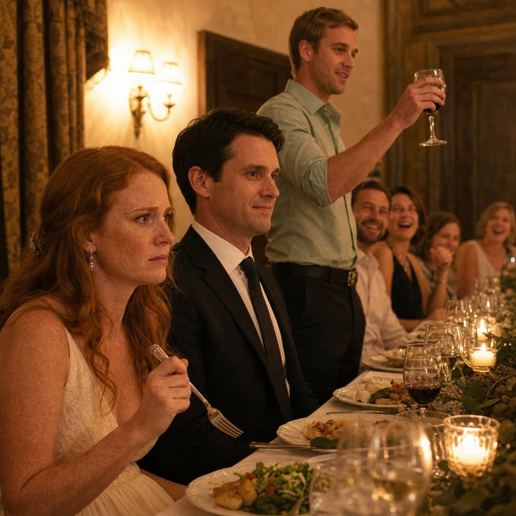 During a rehearsal dinner toast, the bride sits rigid as guests laugh and the groom’s smile looks forced and tense.
