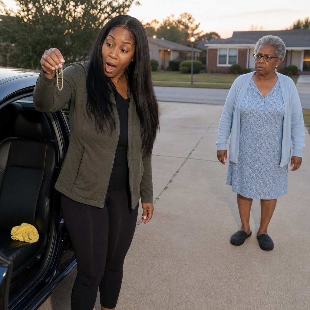 A younger woman holds up a gold bracelet by an open car door while an older woman stands stunned nearby.