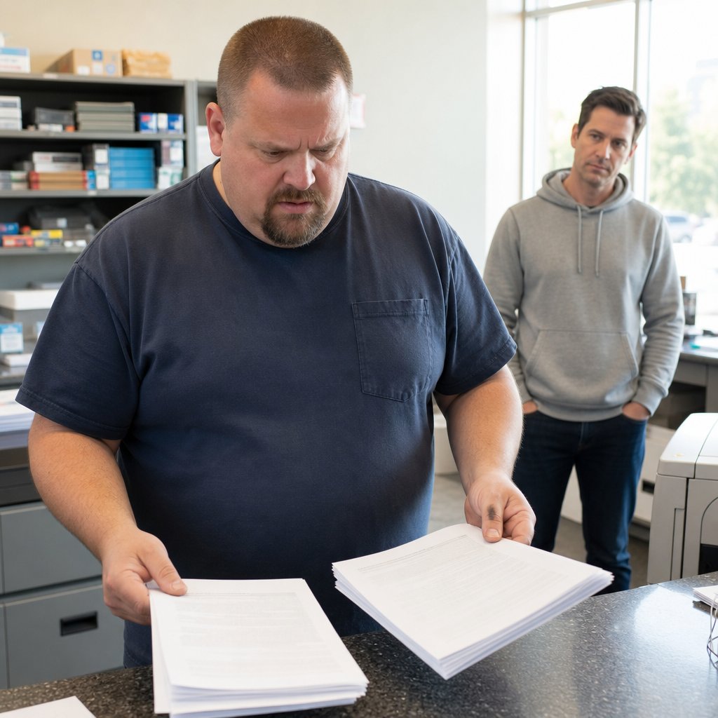 A man compares printed pages at a supply counter while a coworker watches from behind.