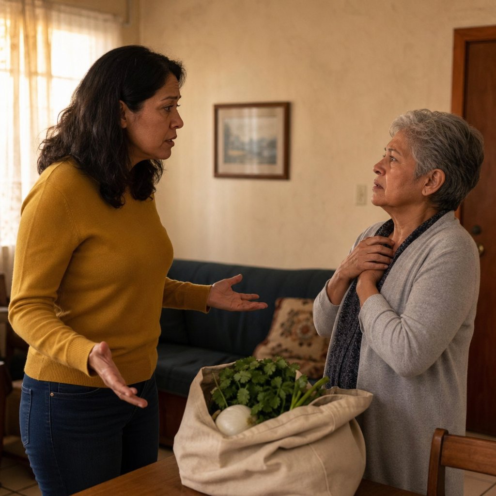Mara confronts her mother, who clutches her phone and looks torn.