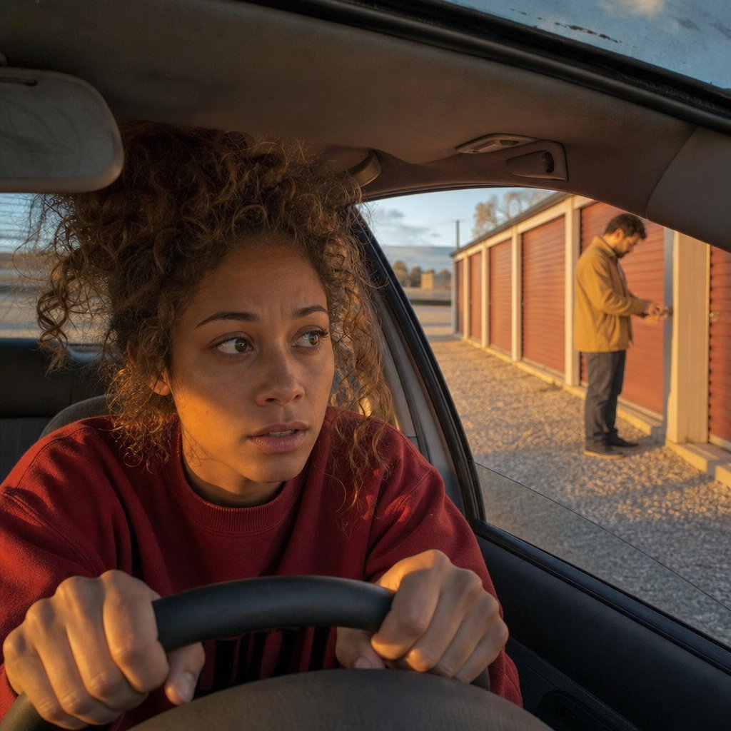 A woman watches anxiously from a car as a man unlocks a storage unit in the distance.