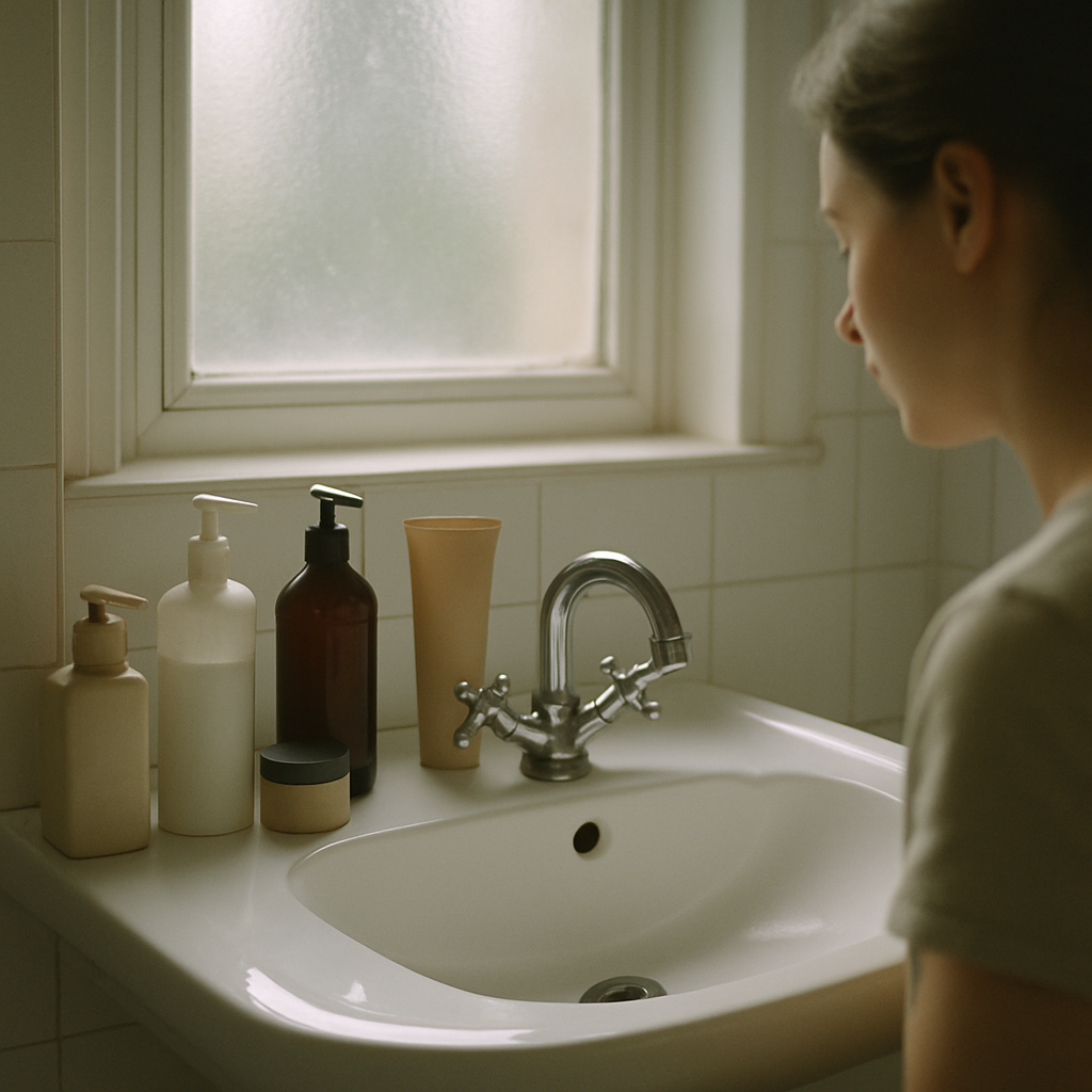 Bathroom sink counter with personal toiletries arranged.