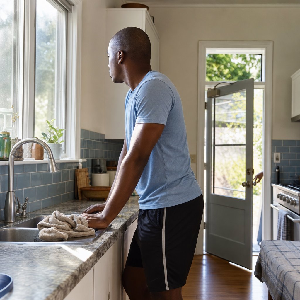 A young man freezes at the kitchen sink as the back door starts to open.