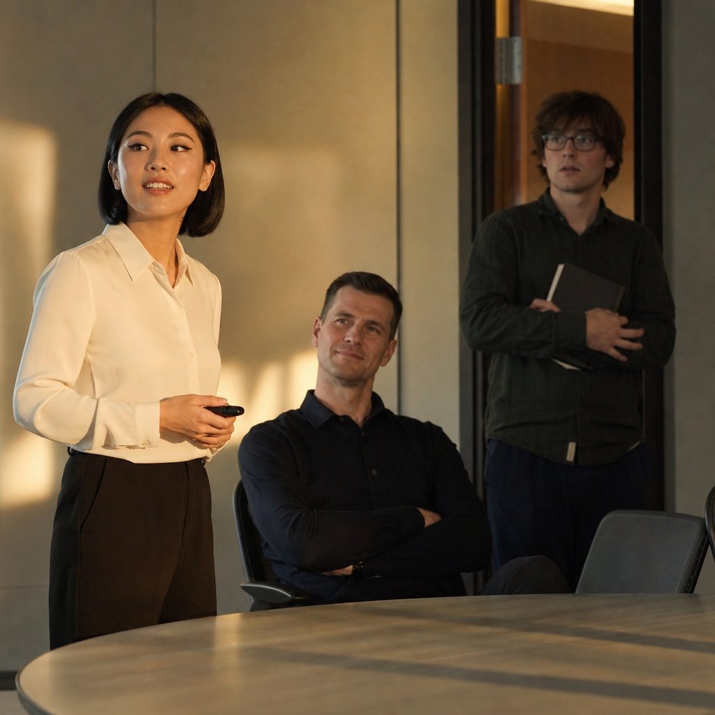 In a conference room after a presentation, Lila stands confidently while Iris watches from the door and Graham observes from the side.
