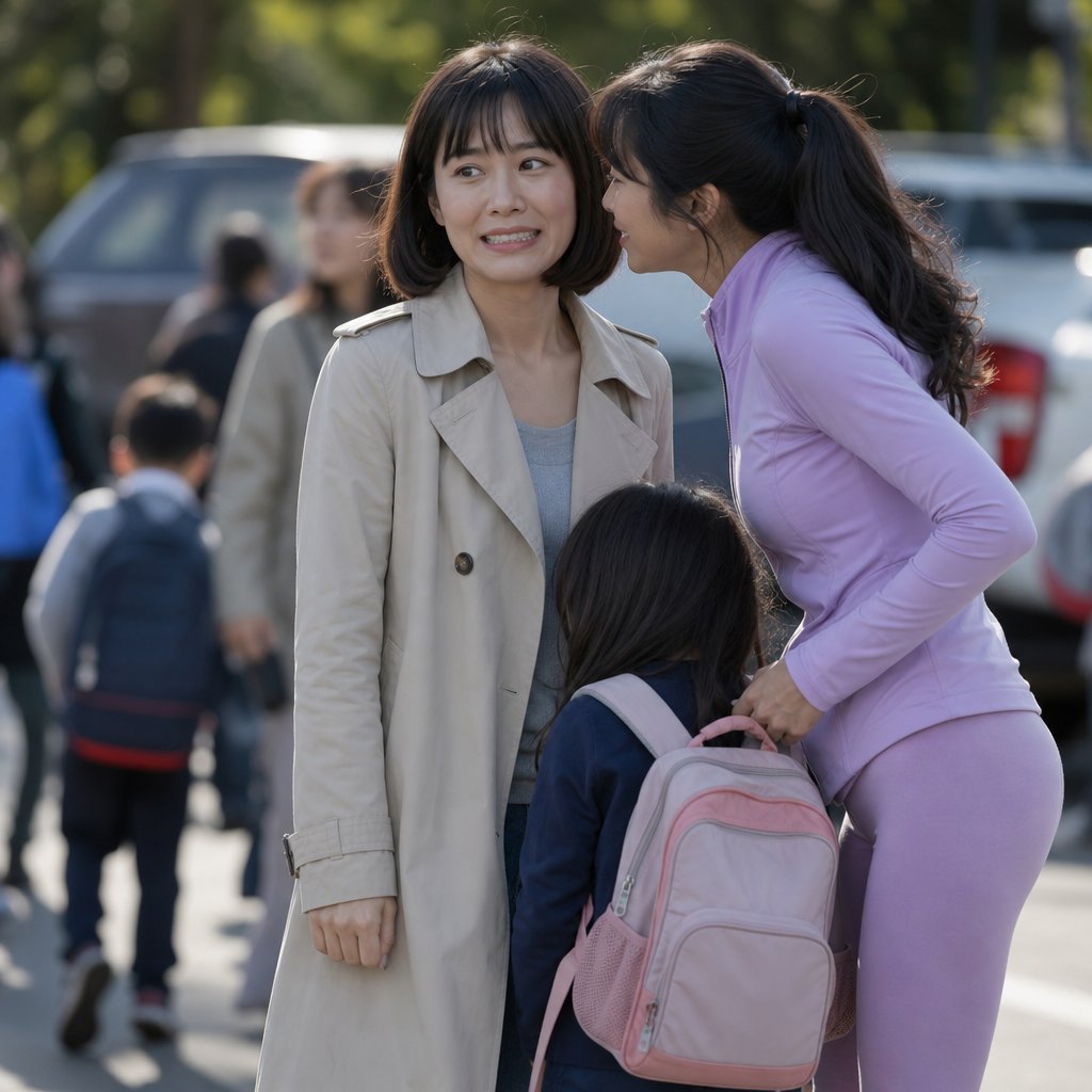At school pickup, a mother leans in to speak while Iris forces a smile, tense as kids and cars bustle behind them.