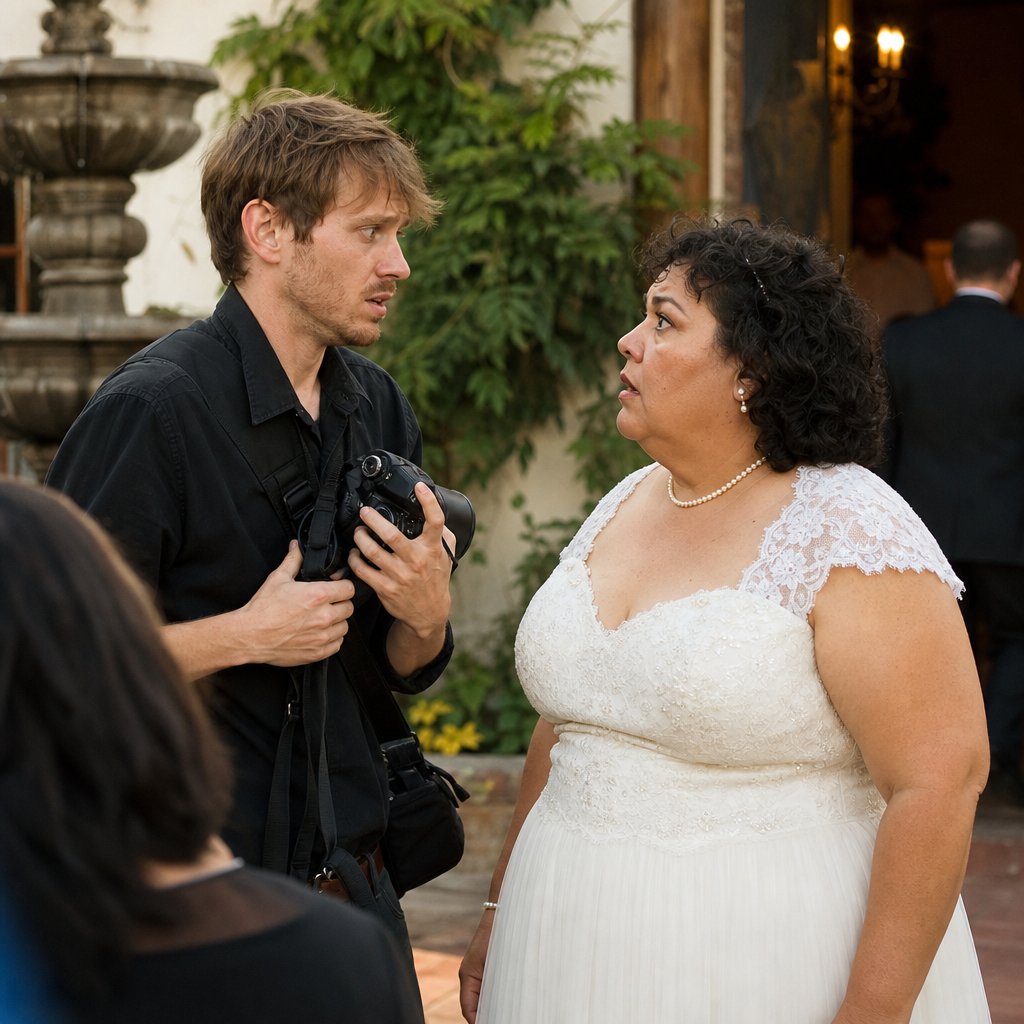 In the courtyard, the photographer nervously confides in the bride while clutching his camera.