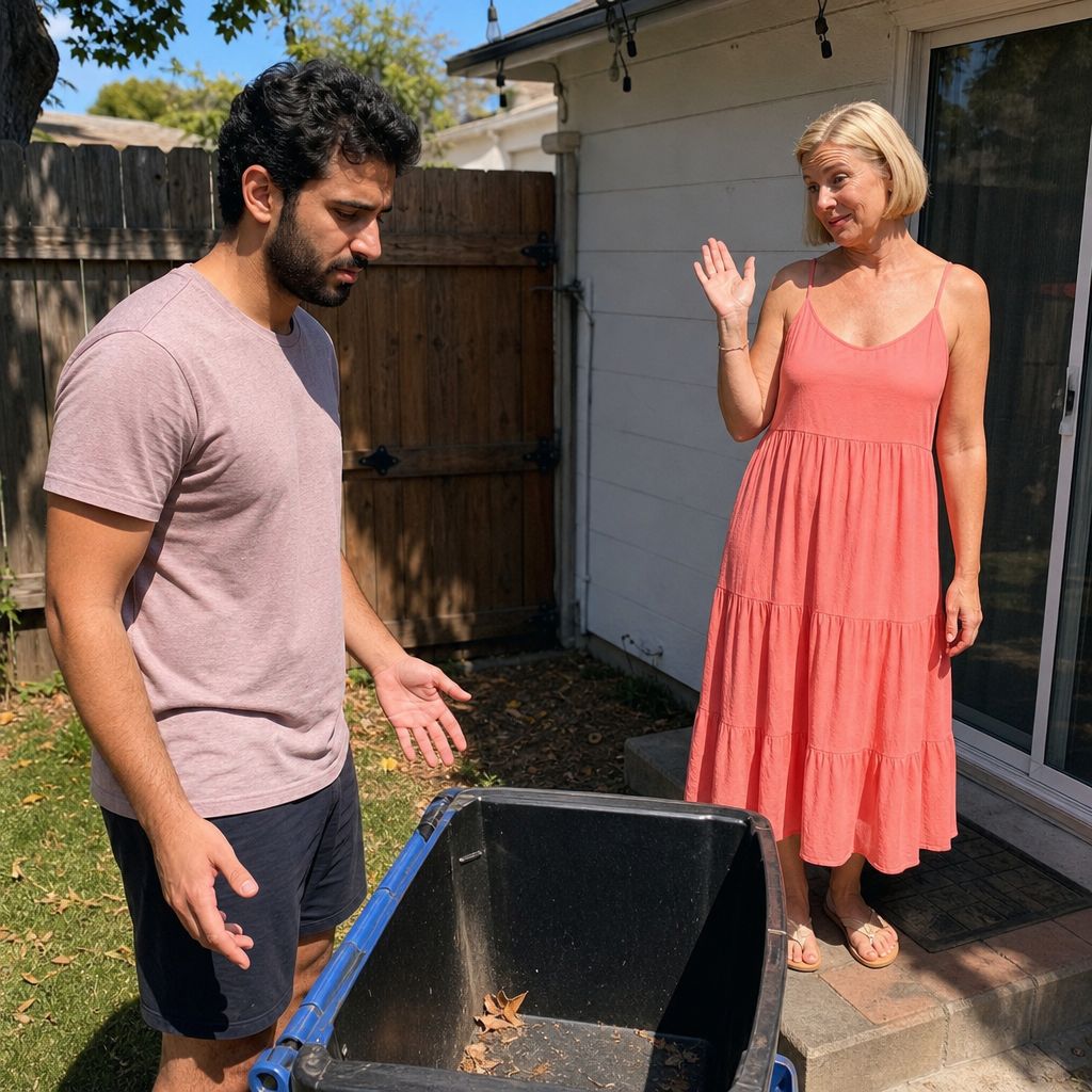 A young man stands by an empty donation bin as a blonde woman in a coral dress dismisses him from the patio.