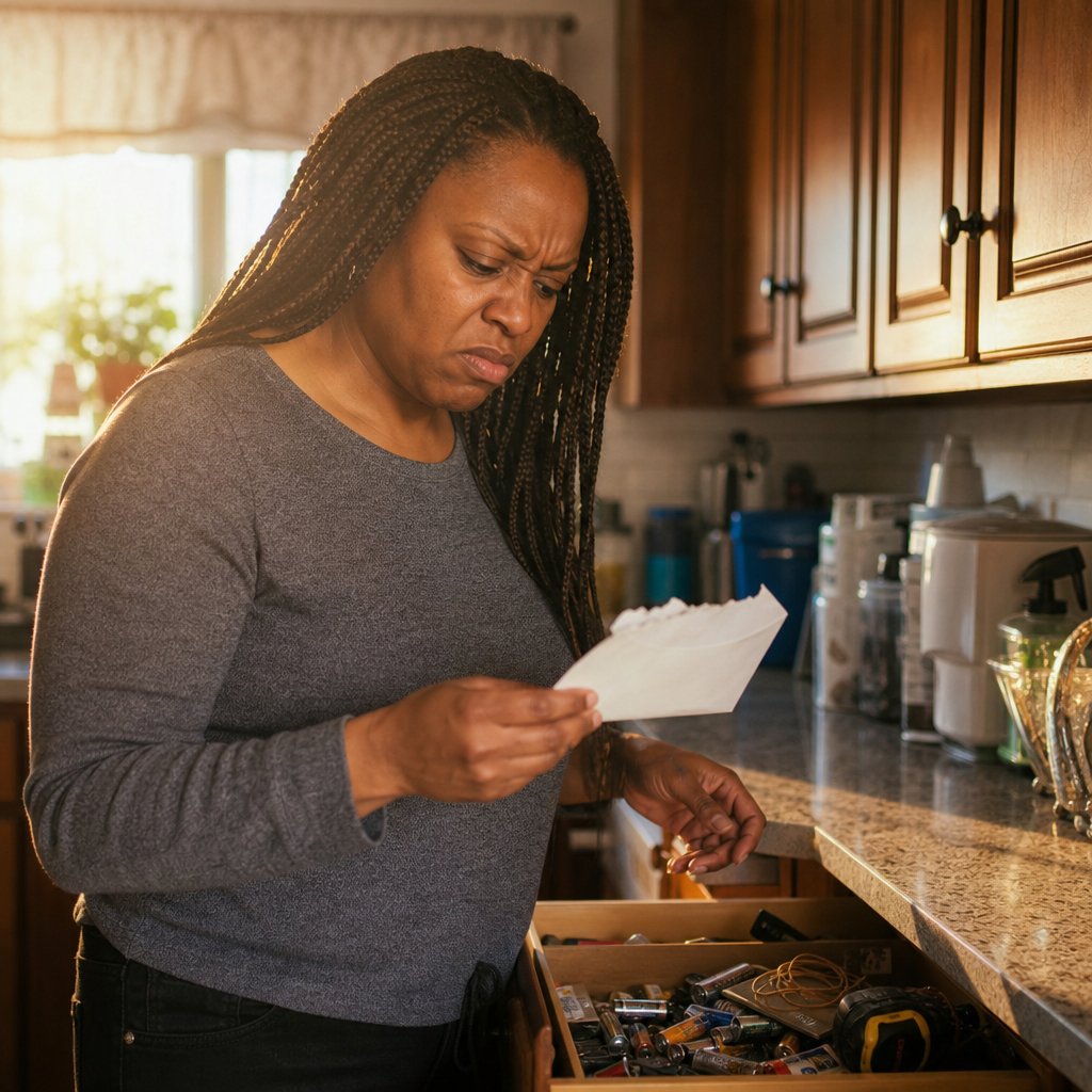 A woman with long box braids stands over an open junk drawer, holding a torn envelope with a stunned, angry expression.
