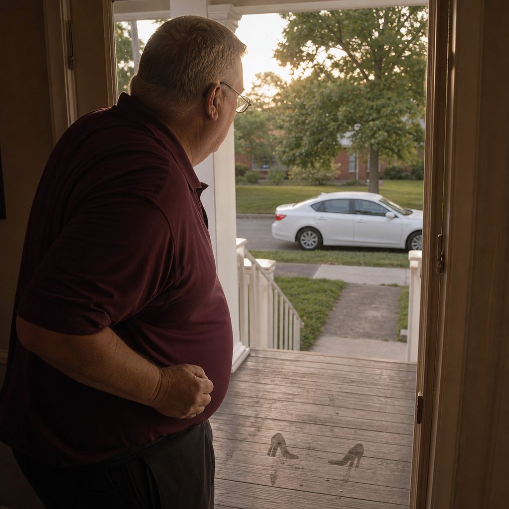 A gray-haired man with glasses stands in his doorway staring toward a white car parked outside.