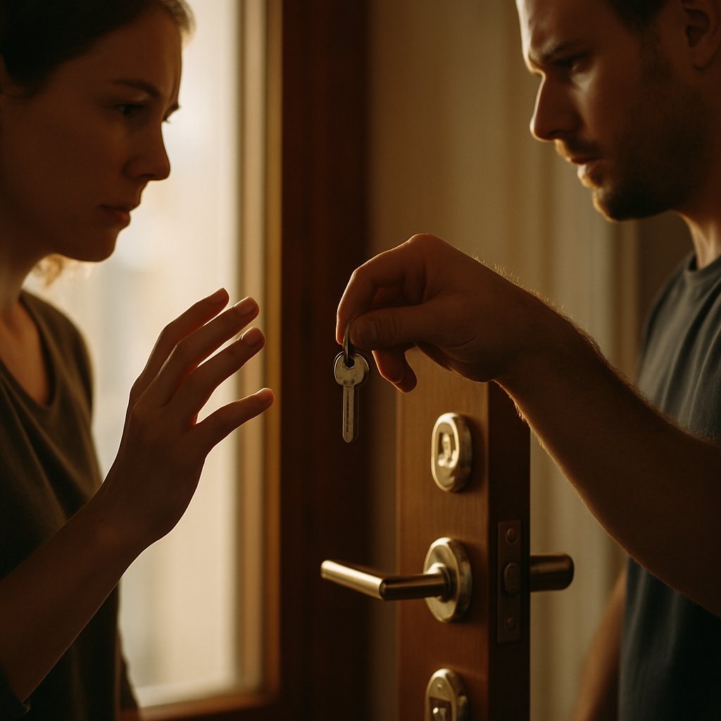 Tense moment as a man tries to take a key from a woman by a newly locked door.