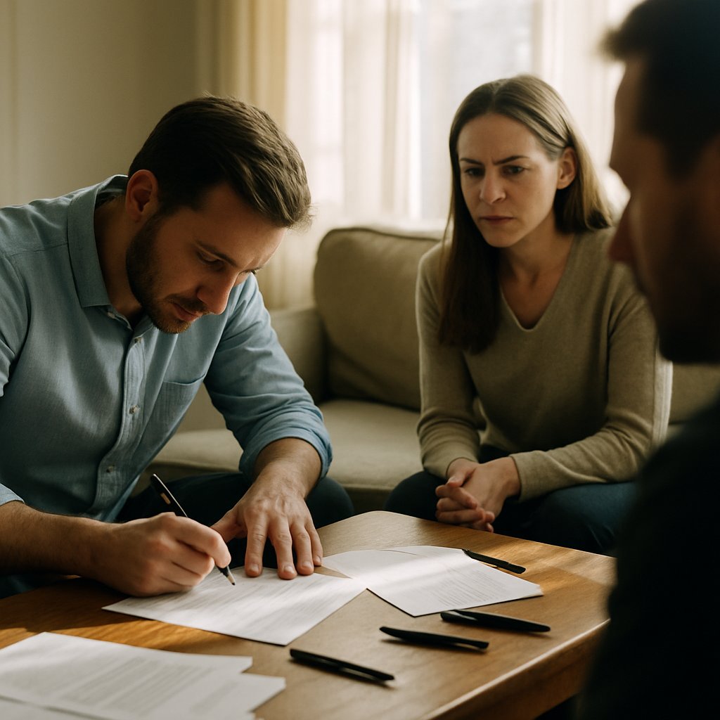 Man signing legal papers with others watching in living room