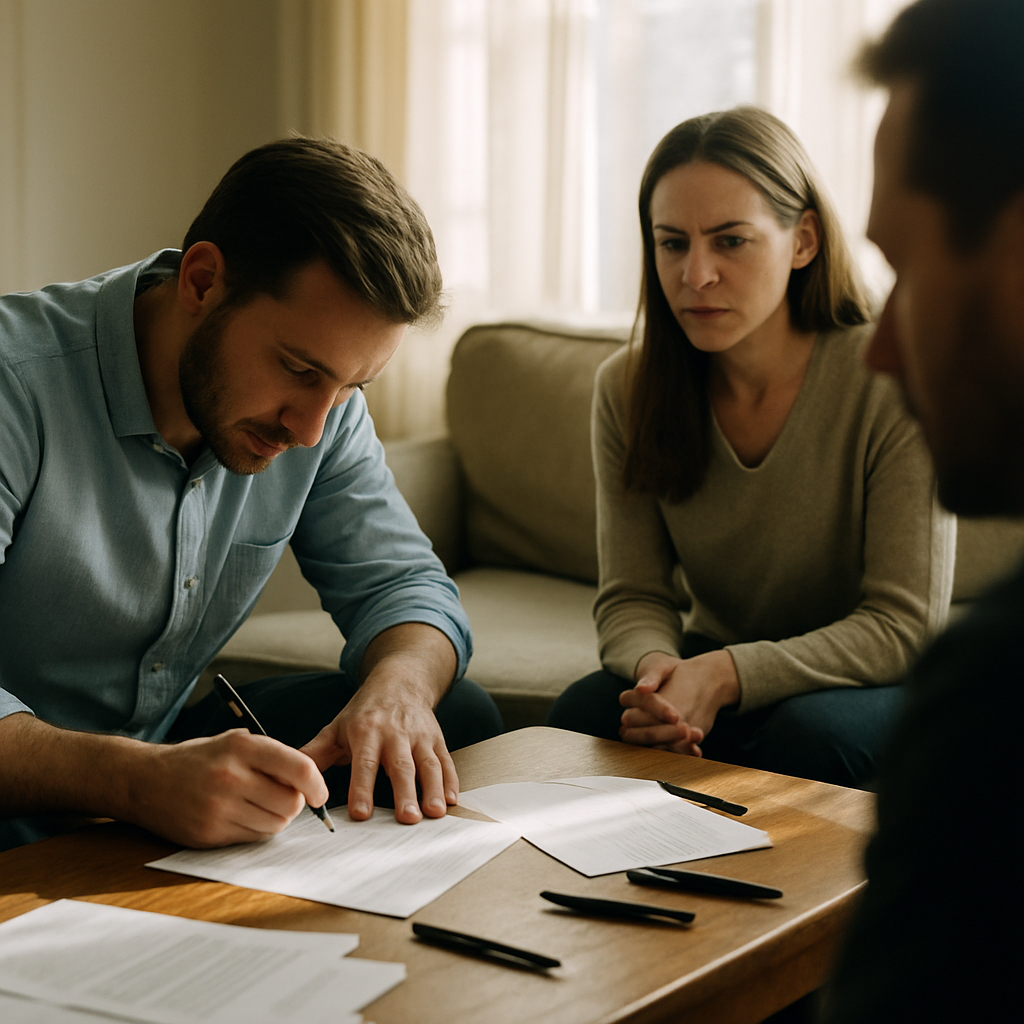 Man signing legal papers with others watching in living room