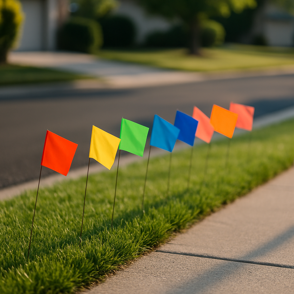 Neon utility flags marking property boundary on suburban lawn in morning light.