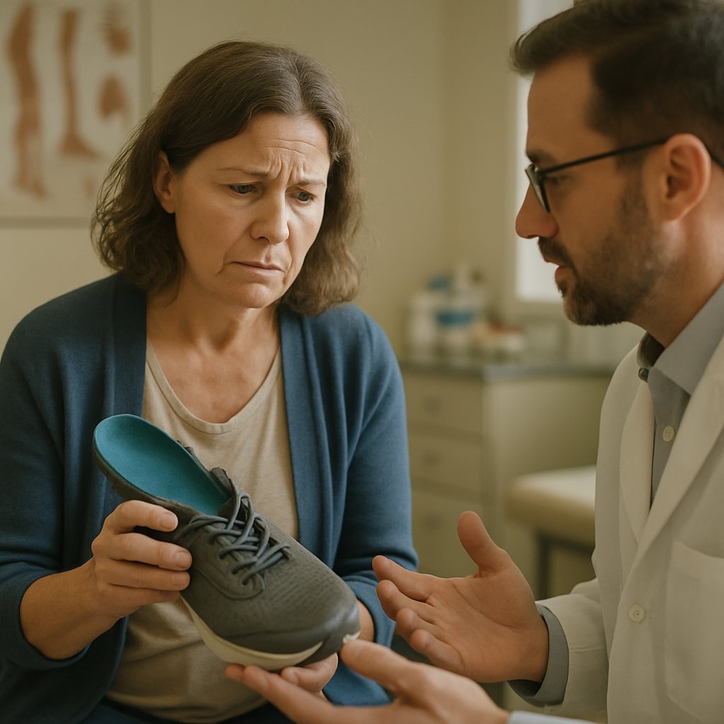 Patient and podiatrist discussing foot symptoms in office
